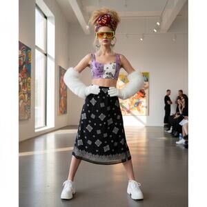 Vintage 90s 100% Silk Black Midi Skirt Geometric Whimsigoth M